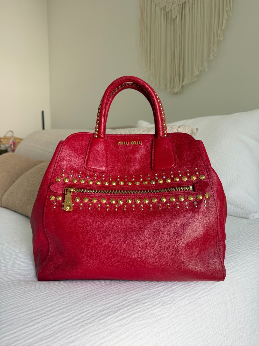 Vintage Miu Miu Red Studded Leather Tote Bag Y2K Authentic w/ COA RARE